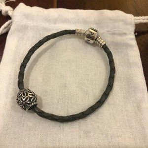 Grey Leather Pandora Bracelet with Charm